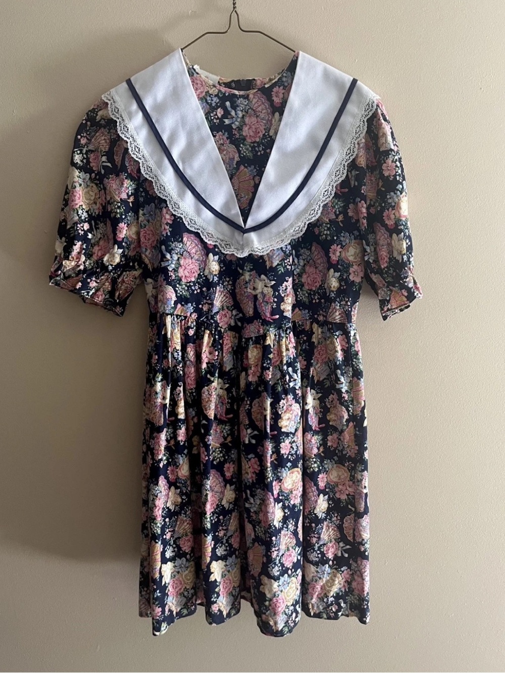 Vintage 80s Victorian Revival Floral & Cherub Mini Dress with Sailor Collar